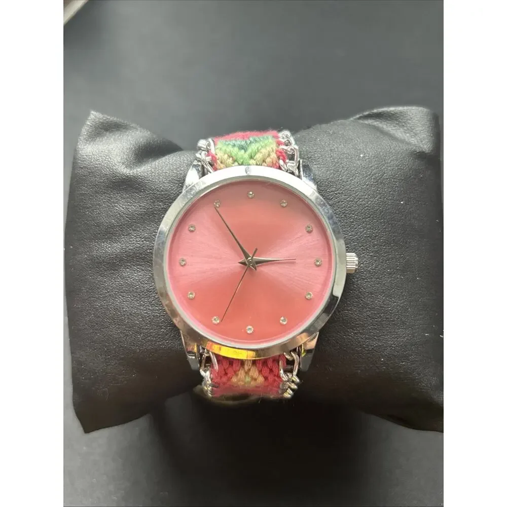 Silver Tone Pink Dial Multicolored Band Women’s Quartz Watch